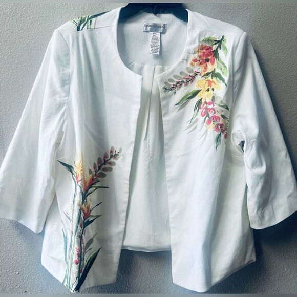 DRAPER & DAMONS OPEN FRONT WHITE FLORAL EMBROIDERED 3/4 SLEEVE JACKET WOMENS XLP - Picture 2 of 5